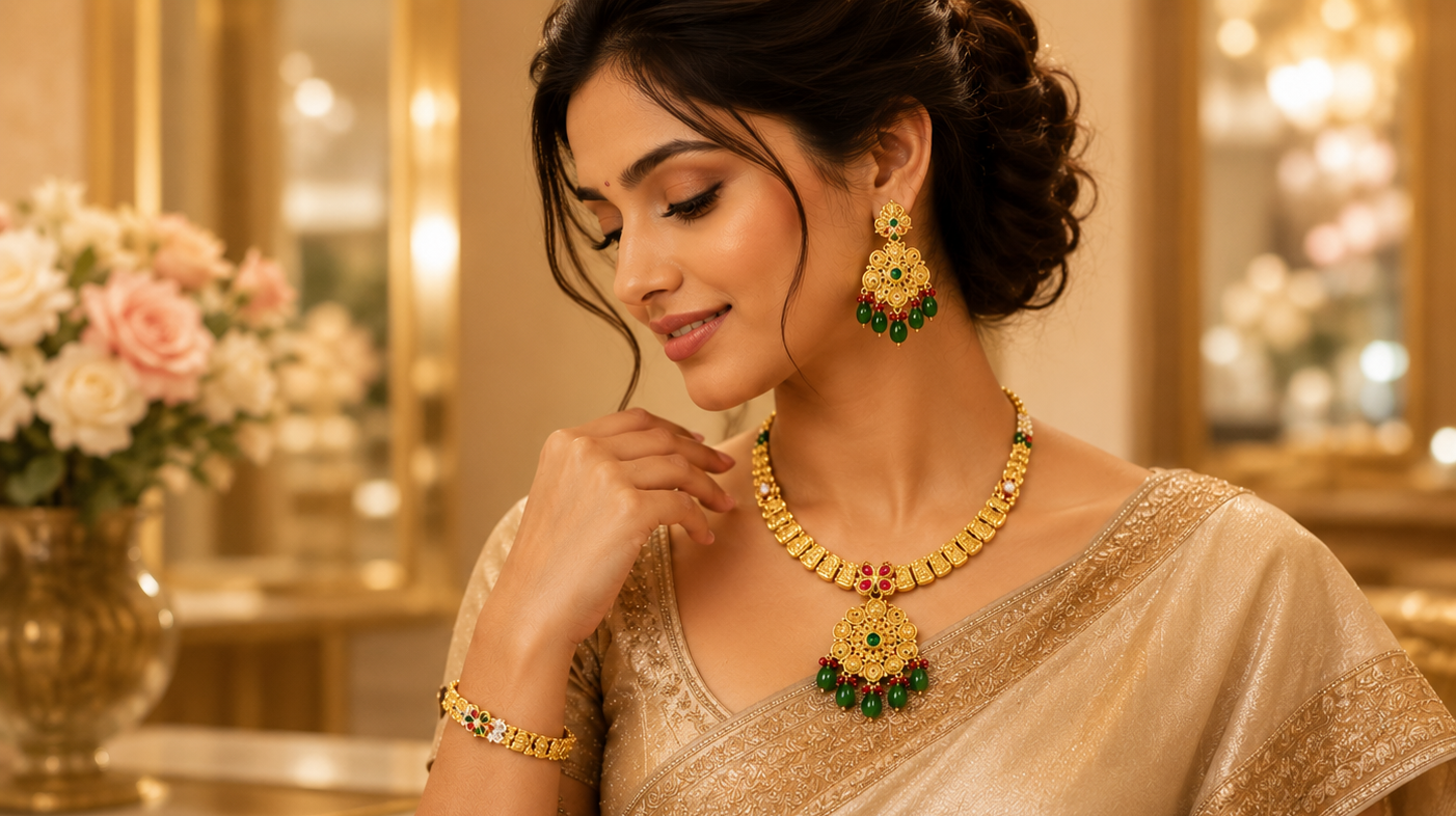 Elegant woman wearing gold jewelry - Timeless Elegance